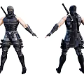 Game Movie Ninja Character in Black Combat Armor with Weapons and Front Back Views 3d model