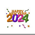 Happy New Year 2024 Colorful Numbers With Golden Text Streamers And Stars