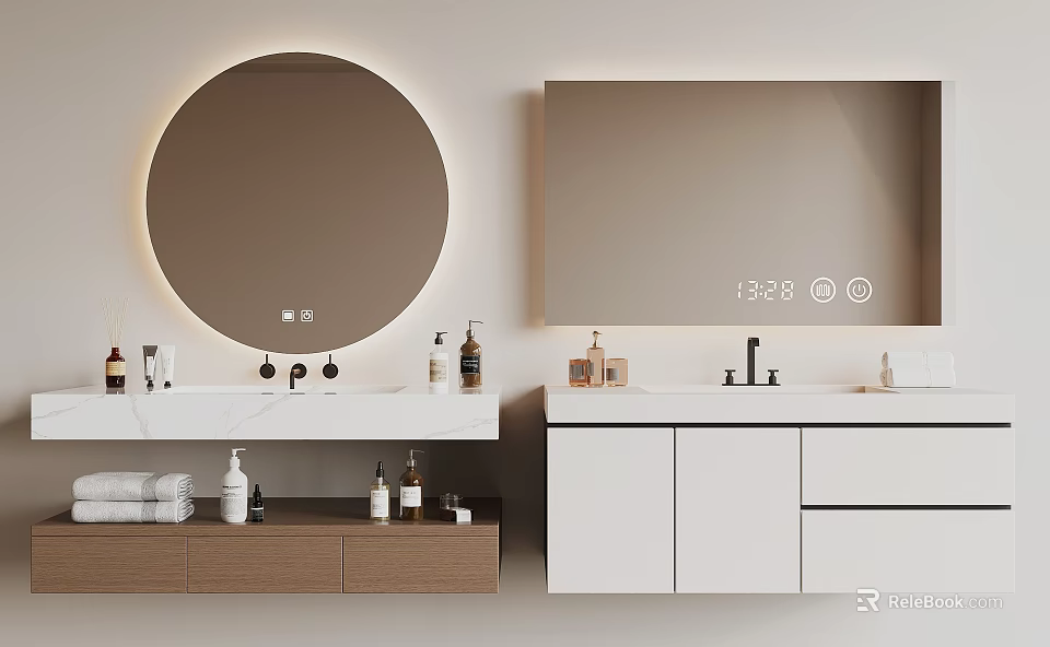 Modern Bathroom Vanity With Round And Rectangular Mirrors LED Lighting Countertops And Storage 3d model