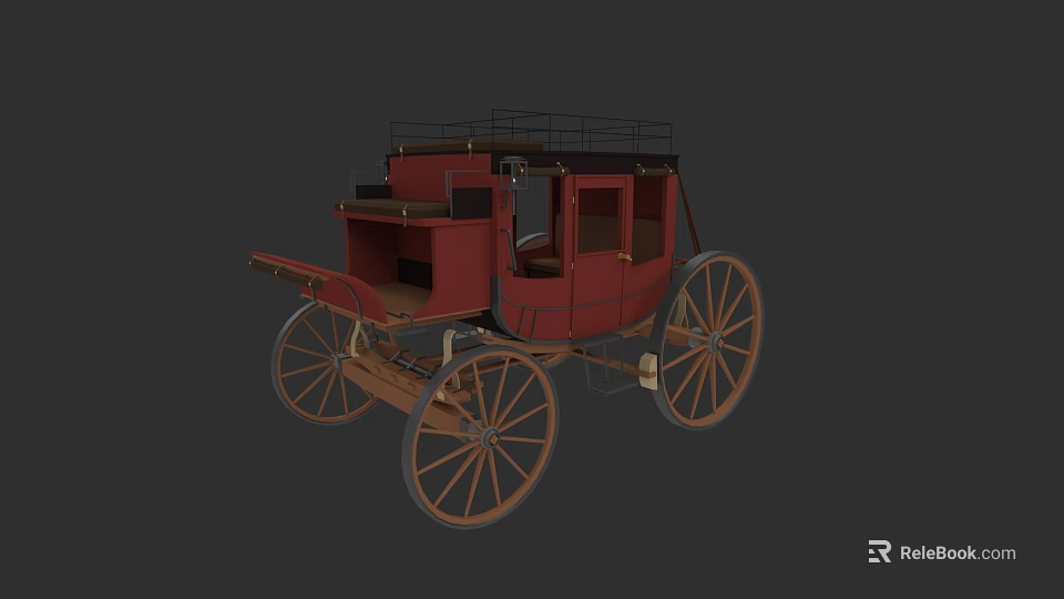 Vintage Red Horse Carriage With Classic Wheels Wooden Frame And Seats 3d model 
