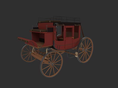 Vintage Red Horse Carriage With Classic Wheels Wooden Frame And Seats 3d model