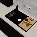 Kitchen Sink with Wooden Cutting Board Peppers Knife on Gray Countertop Faucet Tile Backsplash