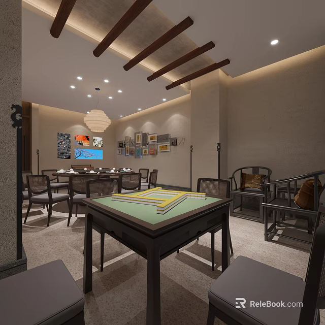 Elegant Private Room Interior With Mahjong Table Dining Table And Wooden Beams Ceiling 3d model