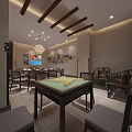 Elegant Private Room Interior With Mahjong Table Dining Table And Wooden Beams Ceiling 3d model