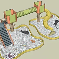 Playground Equipment with Two Platforms Green Tunnel Staircase Pebble Ground and Yellow Border