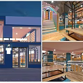 Modern Blue Store Exterior With Glass Doors Windows And Night Lighting