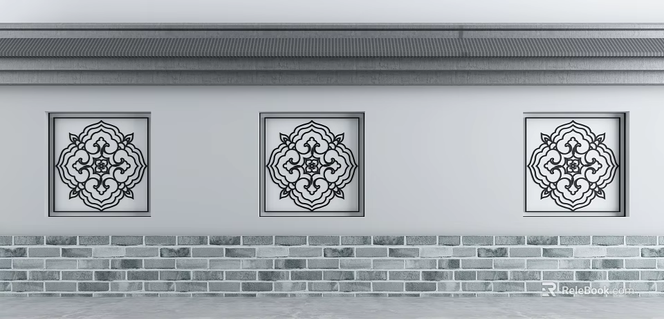 Traditional Building Exterior Wall With Three Square Intricate Decorative Patterns And Brick Base 3d model 
