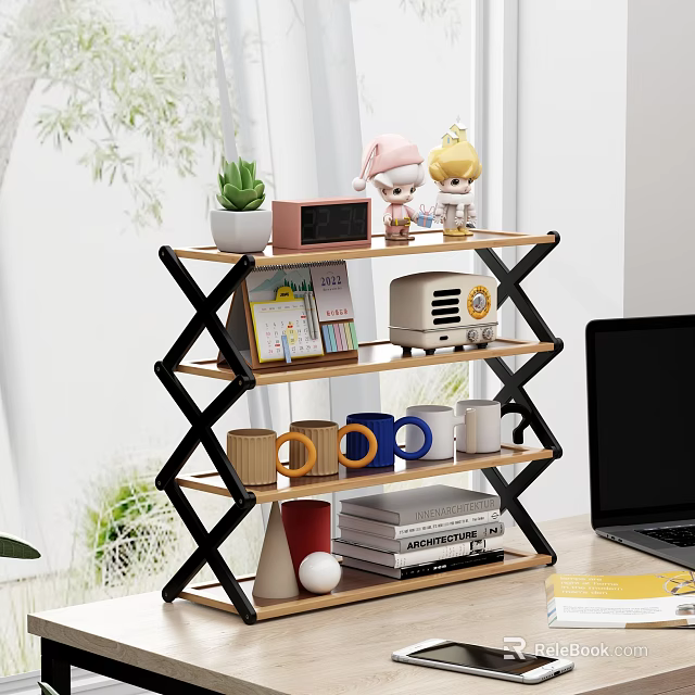 Foldable Multi tier Wooden Metal Storage Shelf With Succulent Plant Dolls Toaster Mugs And Books 3d model 