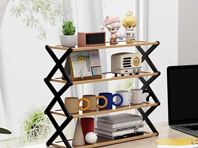 Foldable Multi tier Wooden Metal Storage Shelf With Succulent Plant Dolls Toaster Mugs And Books 3d model