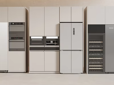 Modern Kitchen Appliances With Integrated Refrigerator Oven Wine Cooler And Light Cabinets 3d model