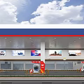 Gas Station With Red White Blue Canopy Fuel Pumps Car And Billboards