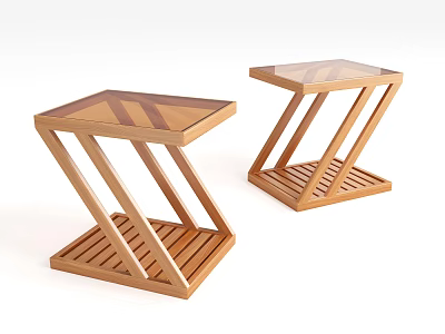 Wooden Side Tables With Z Shaped Frame And Glass Top Slatted Base 3d model