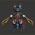Blue Feline Character Creature With Pointed Ears Red Cape Golden Claws Gemstone Decoration Fantasy Design