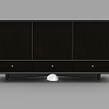 Dark Wooden Console Cabinet With Multiple Doors Drawers And Golden Metal Accents