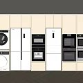 Household Appliances In Modern Open Concept Kitchen With Various Cooking And Laundry Devices