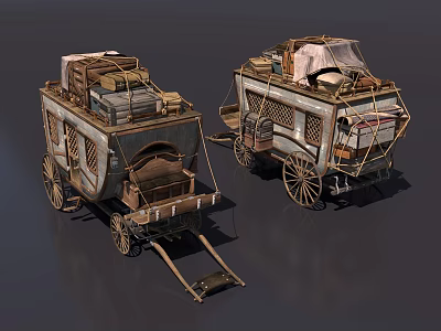 Vintage Transport Carriages With Wooden Wheels And Loaded Luggage Items 3d model