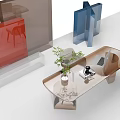 Modern Office Desk with Green Plant Vase Laptop and Chair Near Blue Brown Cabinets