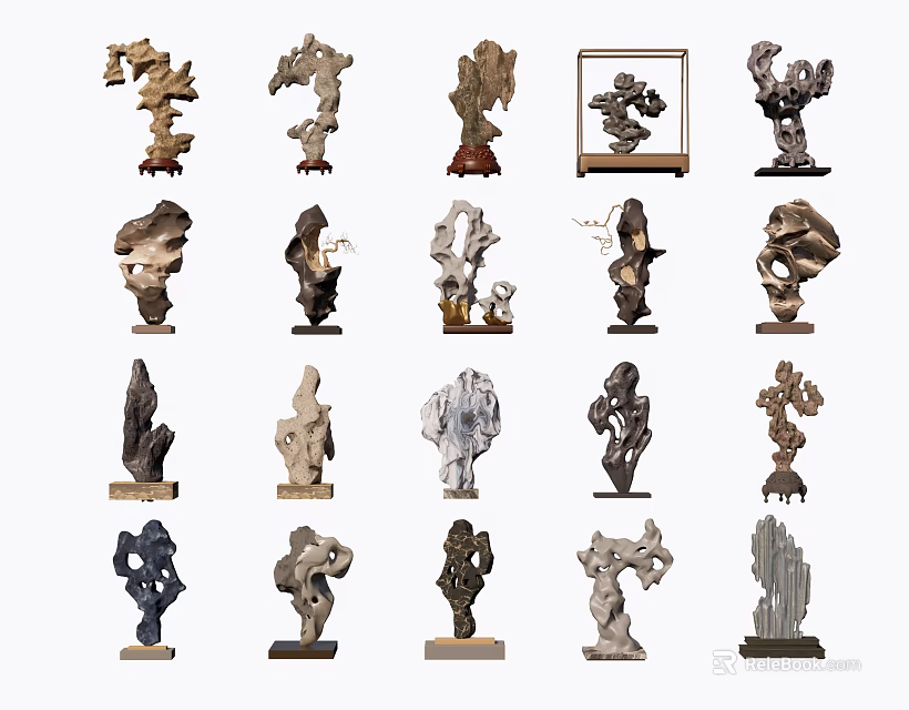 Stone and Wood Decorative Carvings with Various Unique Shapes for Artistic Home 3d model 