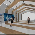 Modern Exhibition Hall With Wooden Arched Frames Large Screens And Visitors