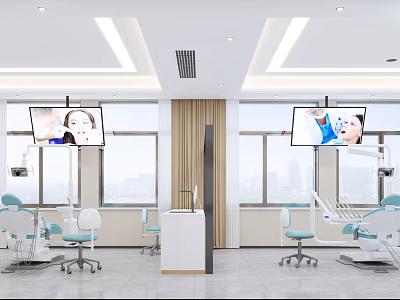 Modern Dental Clinic Interior With Treatment Chairs Screens And Medical Equipment 3d model