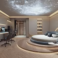 Modern Bedroom Interior With Starry Ceiling Gaming Setup Round Bed And Bookshelves