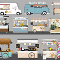 Colorful Mobile Food Trucks And Stalls For Street Food And Drinks