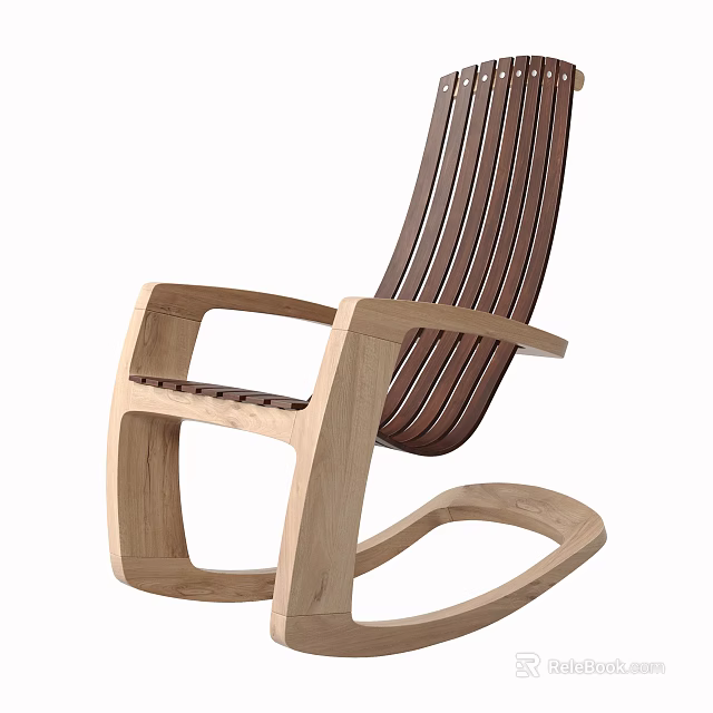 Modern Minimalist Oak Rocking Chair With Slatted Back And Curved Armrests 3d model 