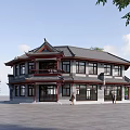 Traditional Chinese Ancient Building With Two Story Structure Curved Eaves Red Pillars And Wooden Windows