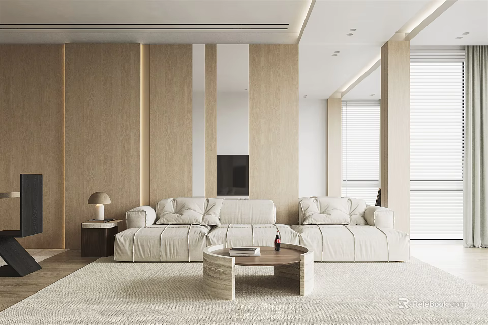 Modern Living Room Interior With Light Colored Sofa Wooden Wall Design Round Coffee Table And Neutral Rug 3d model 