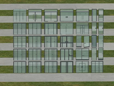 Aerial View Of Organized Glass Building Layout With Green Lawns And Gray Pathways 3d model