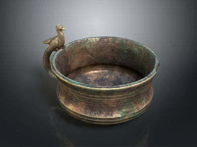Ancient Bronze Sculpted Bowl With Bird Shaped Handle And Intricate Patterns 3d model
