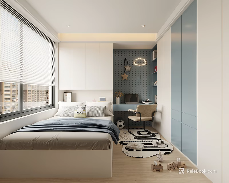 Kids Room Interior Design With Bed Desk Chair Window Blinds Star Decor And Toys 3d model 