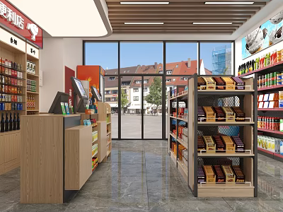 Convenience Store Interior With Checkout Counter Shelves Filled With Products And Windows Showing Exterior View 3d model