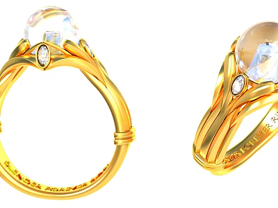 Gold Jewelry Rings With Intricate Gold Design Transparent Gemstones And Small Diamonds 3d model