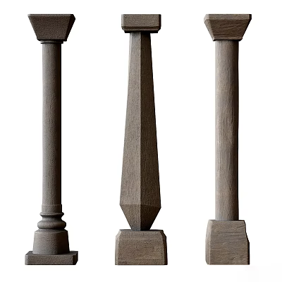 Three Different Wooden Posts With Carved Designs And Textured Surfaces 3d model