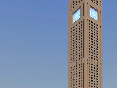 Tall Office Building With Brown Exterior And Clocks On Top Featuring Small Windows 3d model