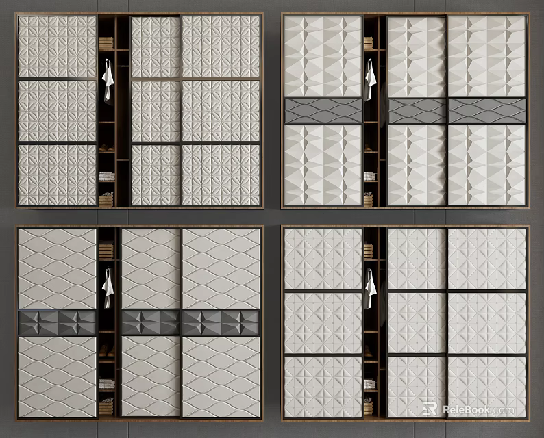 Modern Stylish Wardrobe Design With Geometric Patterned Door Panels And Textured Surfaces 3d model