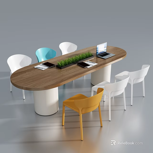 Wooden Oval Office Meeting Table And Multi Colored Chairs With Green Plants And Laptop 3d model 