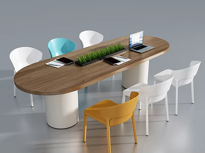 Wooden Oval Office Meeting Table And Multi Colored Chairs With Green Plants And Laptop 3d model