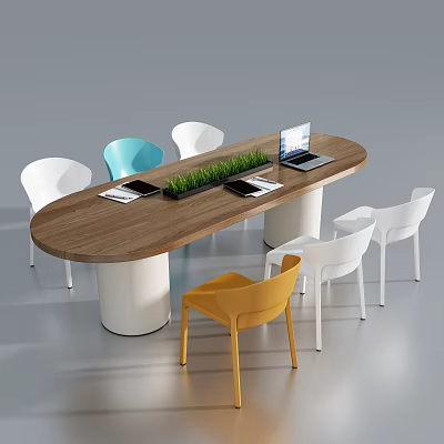 Modern Conference Table Oval Round Table Office Desk Thick Cylindrical Leg Elephant Ear Chair 3d model