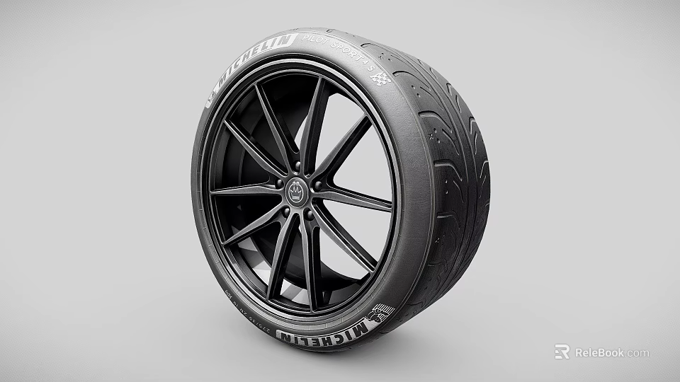 Car Tire With Modern Alloy Wheel Rim Black Spoke Design And Branded Sidewall 3d model 