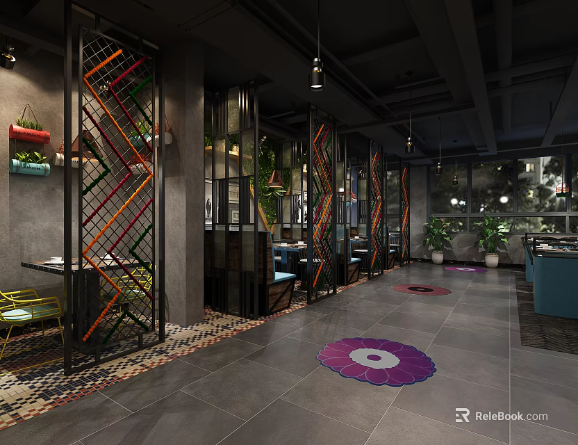 Modern Hotpot Restaurant Interior With Decorative Screens Seating And Lighting Features 3d model 