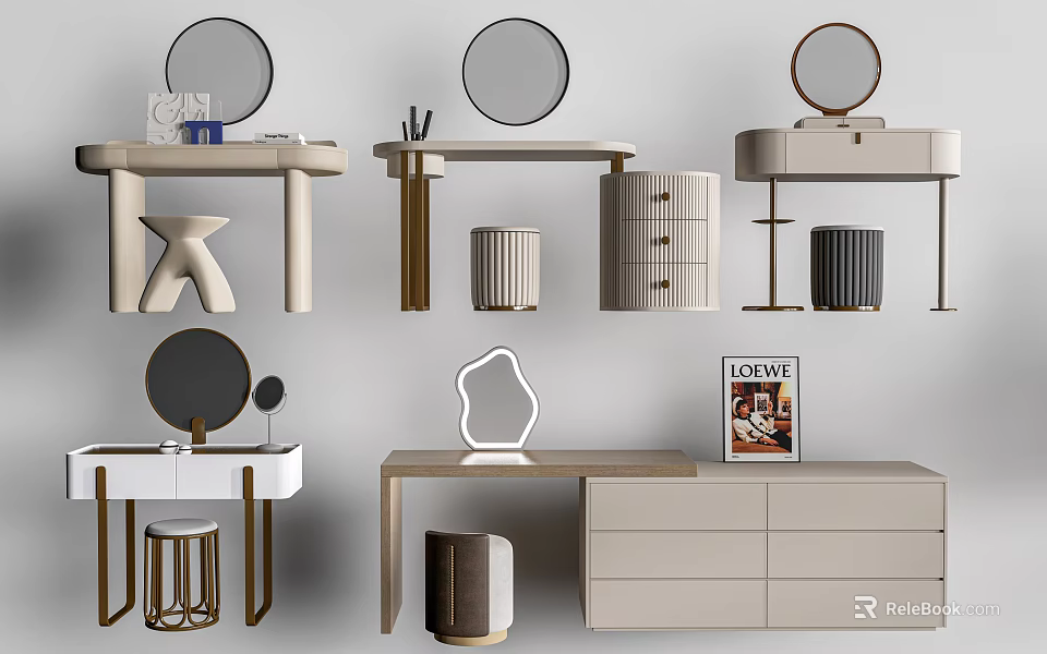 Modern Dressing Table Design With Round Mirrors Drawers And Stools 3d model