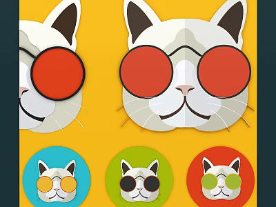 Cute Cat Face Pendant with Red Glasses and Different Colored Circular Backgrounds 3d model