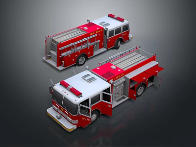 Functional Red Fire Trucks With Ladders Water Tanks And Emergency Equipment 3d model