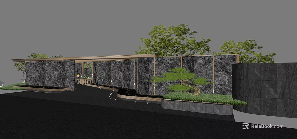 Modern Garden Landscape Featuring Black Stone Walls Bonsai Tree Wooden Pergola And Grass Lighting 3d model 