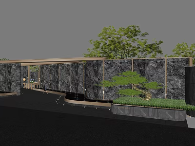 Modern Garden Landscape Featuring Black Stone Walls Bonsai Tree Wooden Pergola And Grass Lighting 3d model