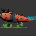 Vintage Biplane Airplane with Red Propeller Orange Body Blue Wings on Green Grass