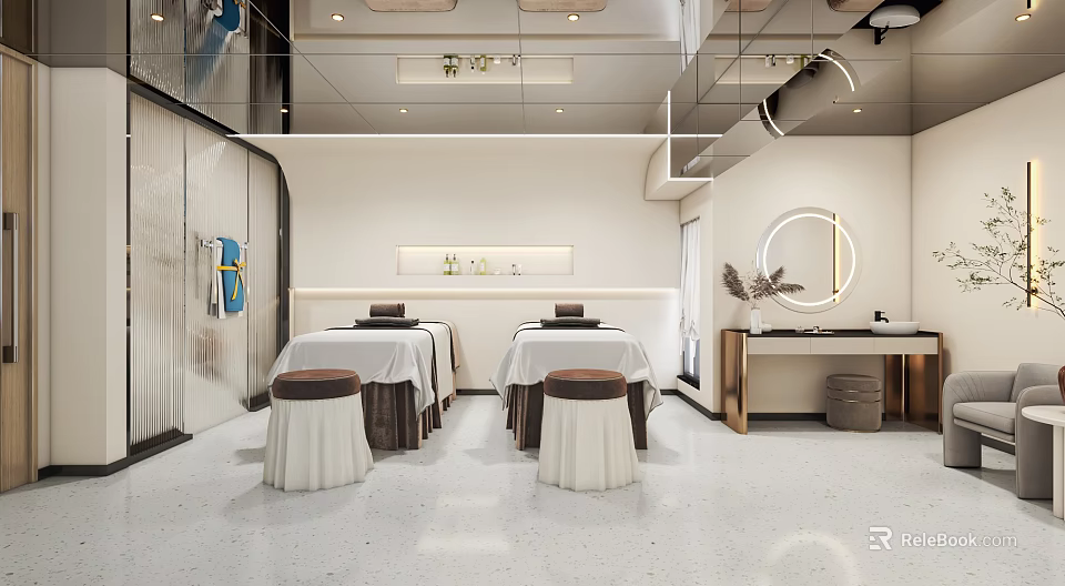 Modern Beauty Hair Salon Interior With Treatment Beds Round Mirrors And Styling Chairs 3d model 