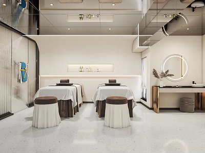 Modern Beauty Hair Salon Interior With Treatment Beds Round Mirrors And Styling Chairs 3d model